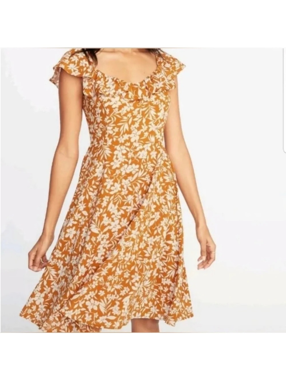 Old Navy Fit & Flare Yellow Floral Ruffle Midi Dress